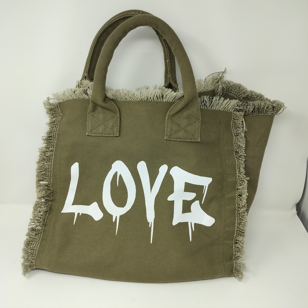 HIPCHIK Olive Love Dripping Fringe Canvas Bag